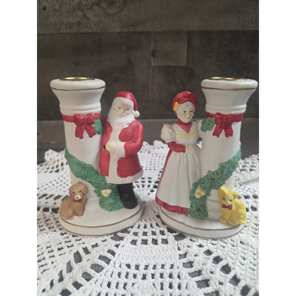 JSNY Vintage Christmas Santa  Mrs Claus Bisque Candle Stick Holders 5"H